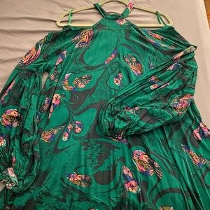 Free People Emerald Green Cold-Shoulder Floral Print Top